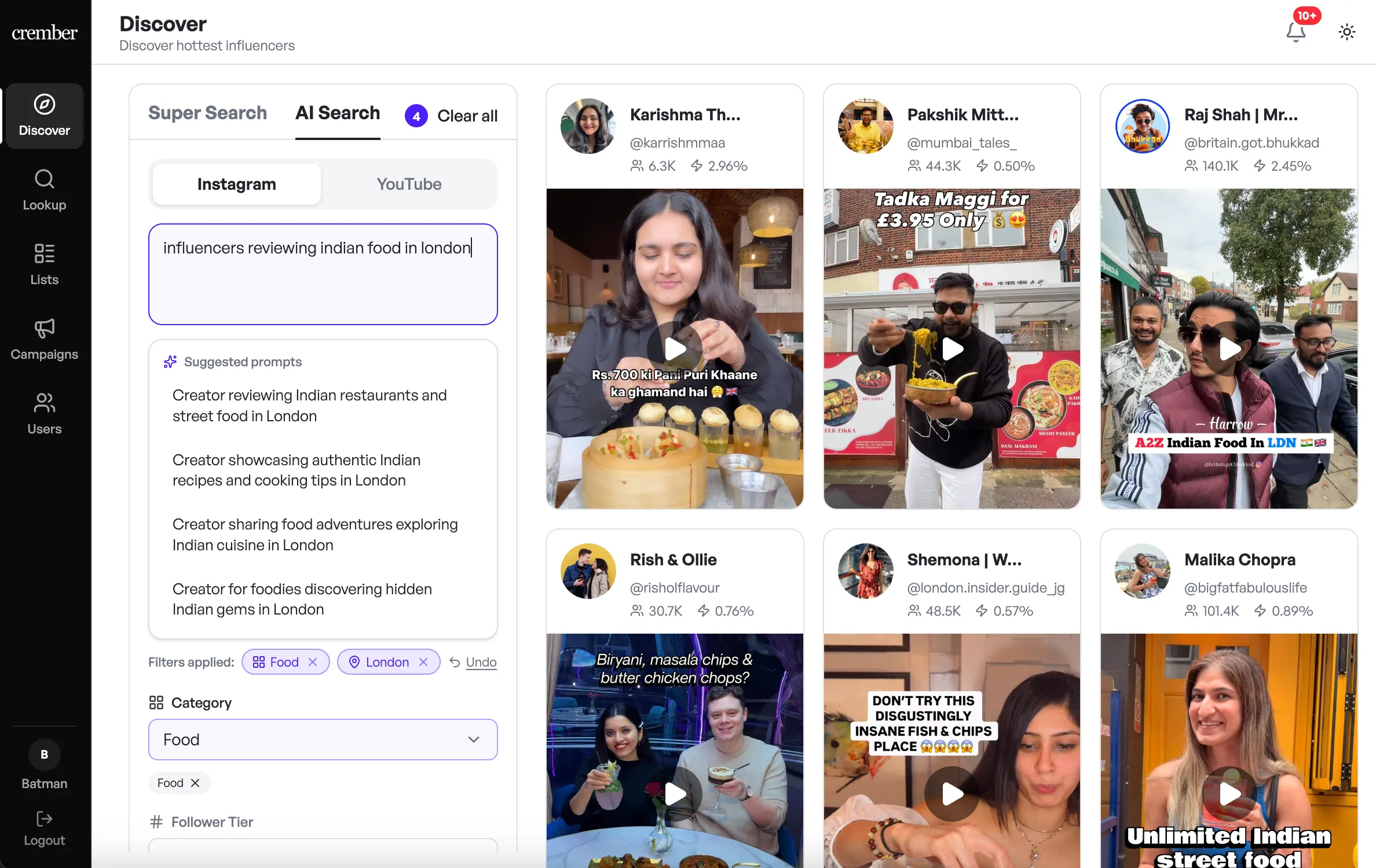 AI Search results for micro influencers reviewing indian food in london