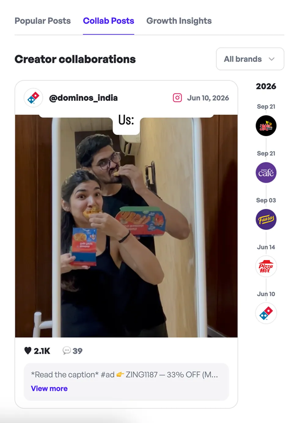 Creator profile view with the Collab Posts tab open and the brand timeline visible