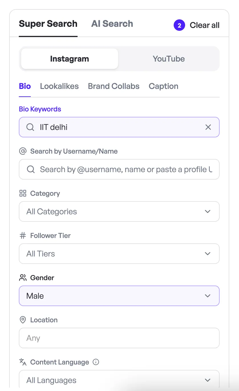 Super Search filters - bio, lookalikes, brand collabs, caption, follower tier and category